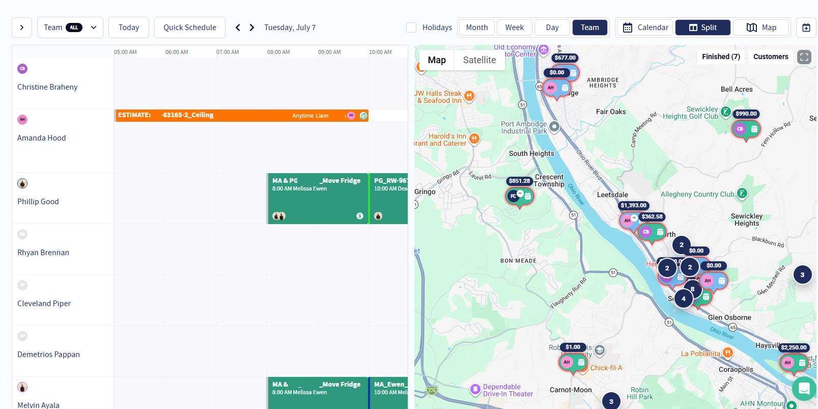 The Servgrow dispatch split view: a row for every technician beside a live map of the day