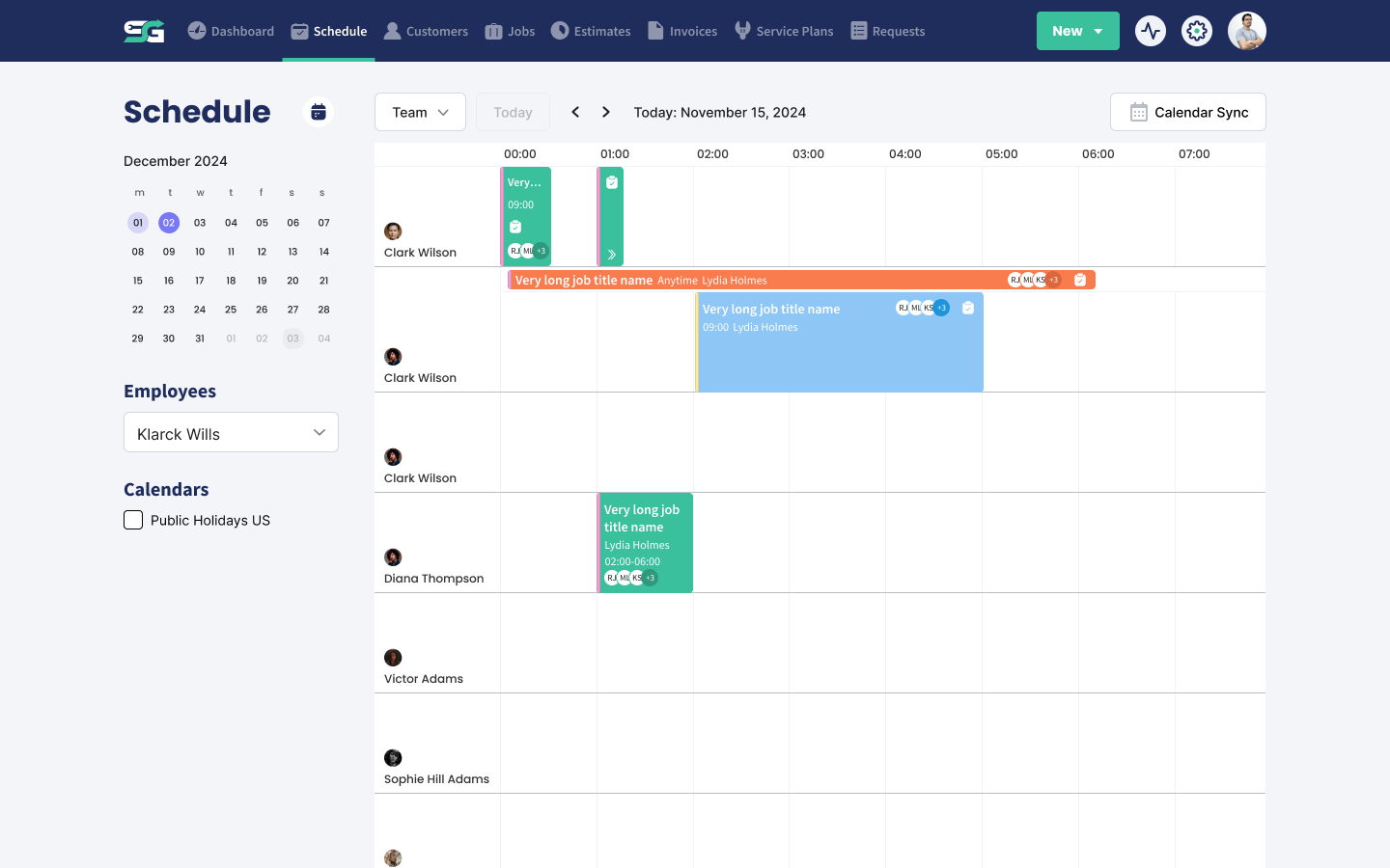 The team board in Servgrow showing who is working and on what