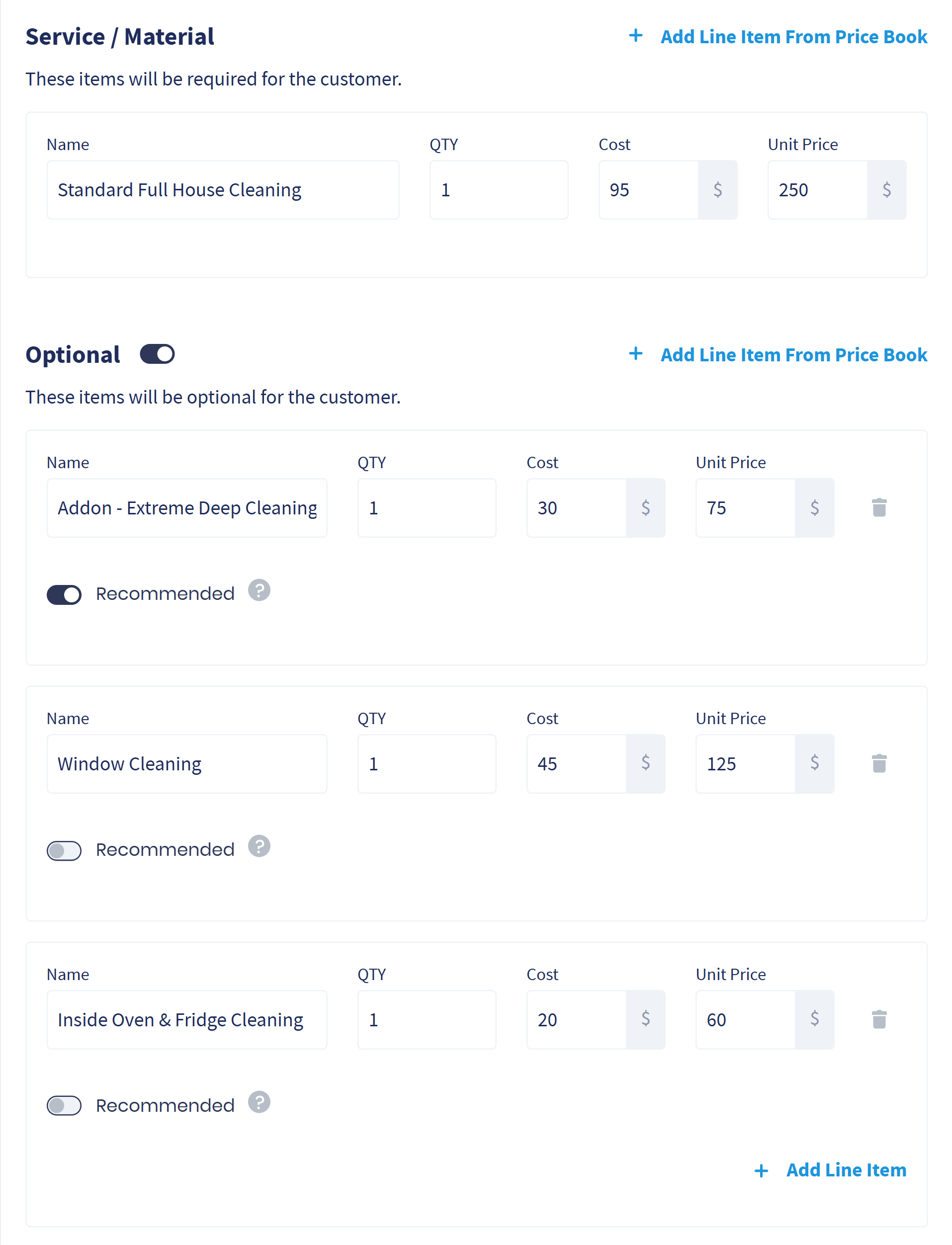 A handyman estimate in Servgrow with optional add-ons the customer can pick, one marked Recommended