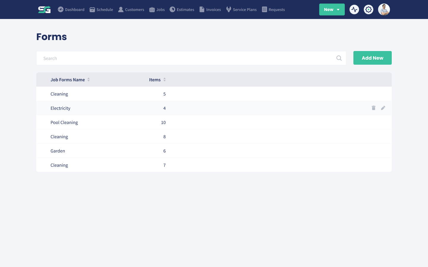 The custom forms list in Servgrow