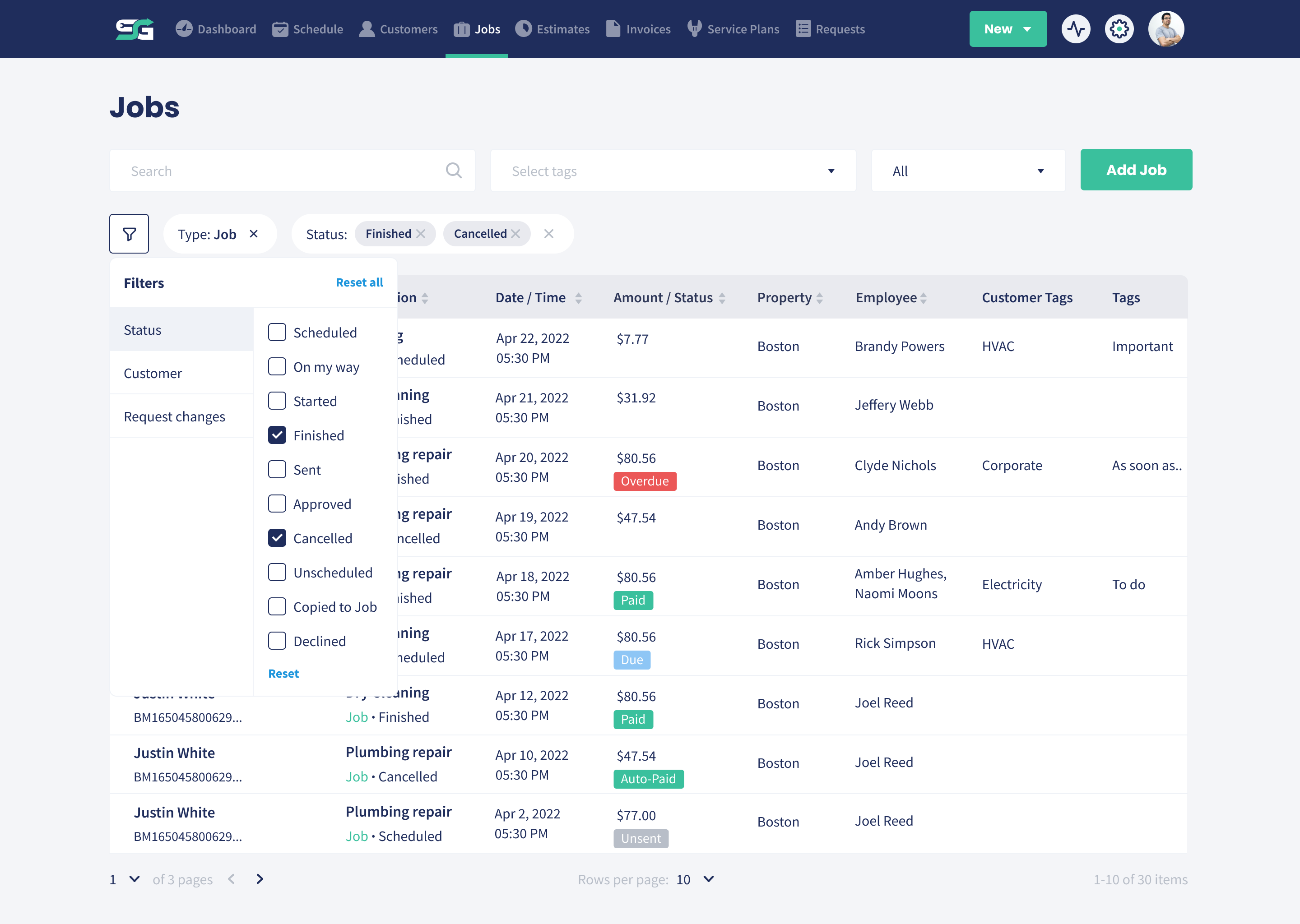The Servgrow jobs list with status and assigned techs