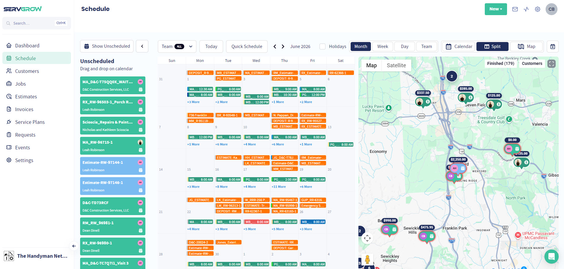 The Servgrow schedule in month view, with unscheduled work ready to drag on and the map beside it